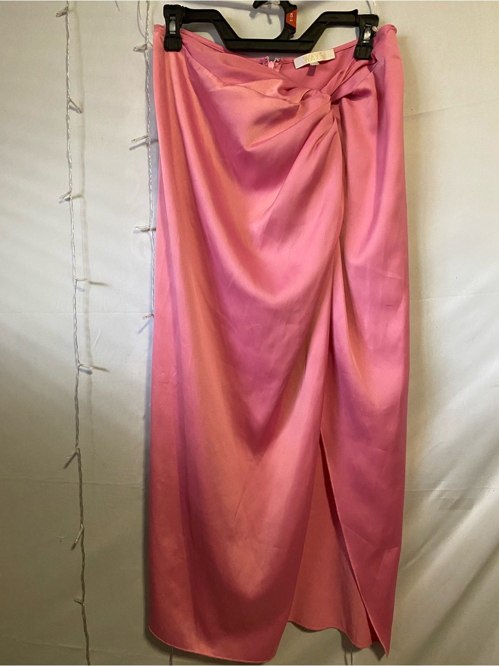 Wayf Pink Satin Twist-Front Maxi Skirt